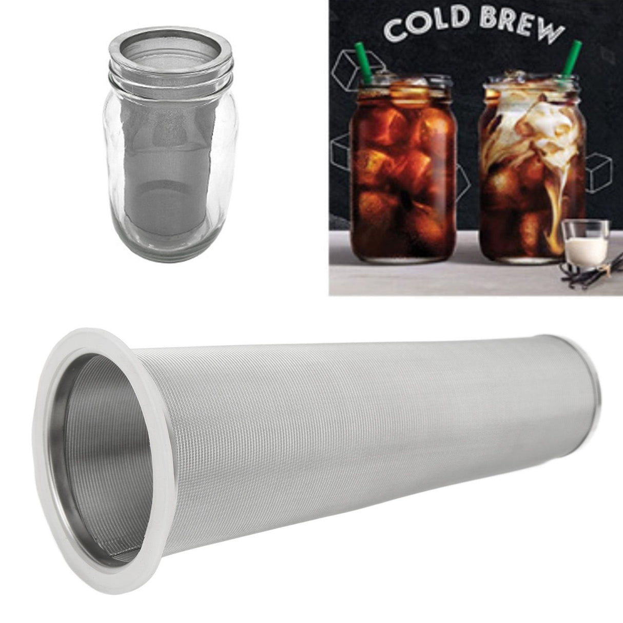 304 Stainless Steel Cold Brew Coffee Filter Cone Mesh with White Rubber Circle Coffee Brew Infuser for Fruit Drink 8x21cm/3.1x8.2in