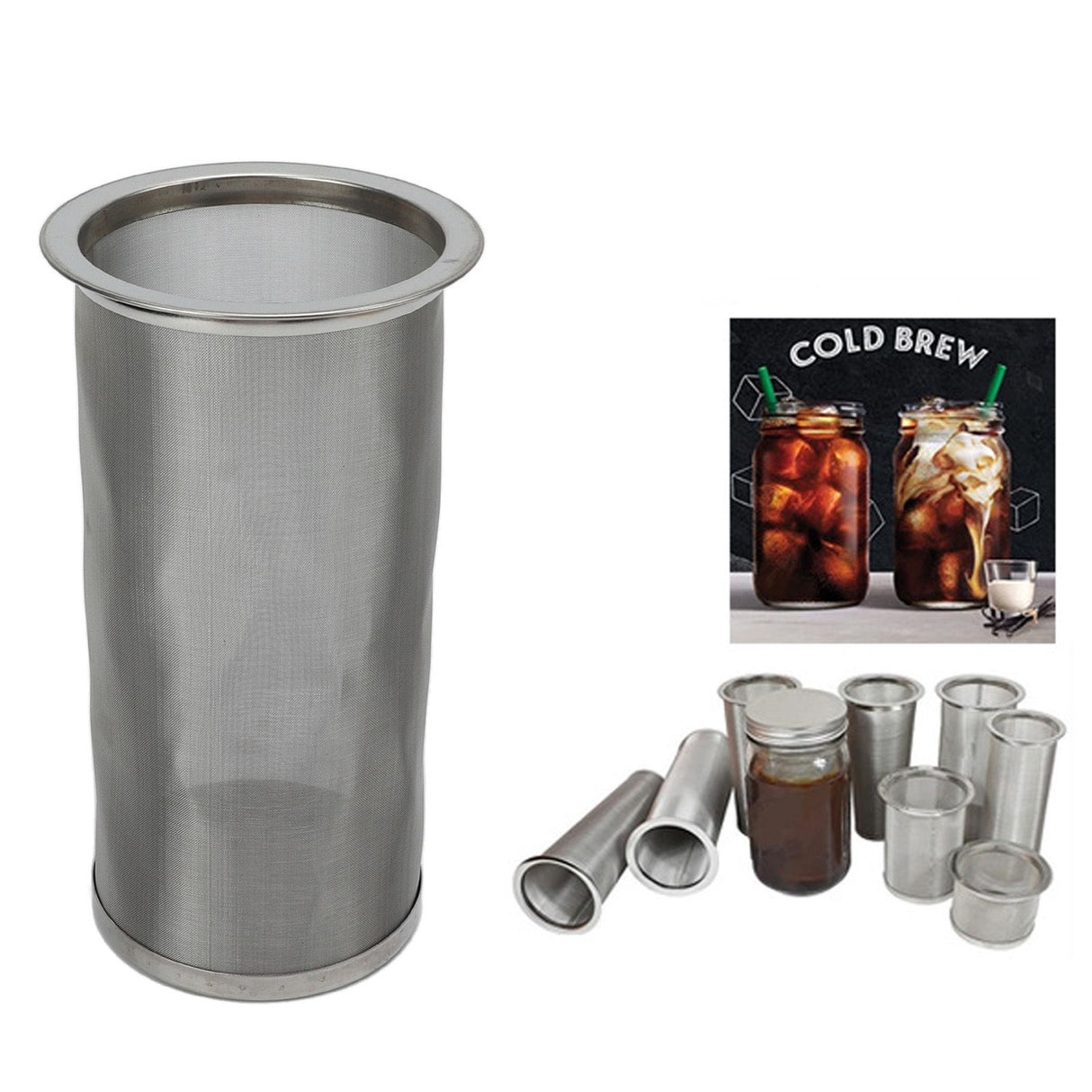 Cold Brew Coffee Filter Stainless Steel Reusable Wide Mouth Mesh Cylindrical Filter with White Gasket for Tea 8x15cm/3.15x5.91in