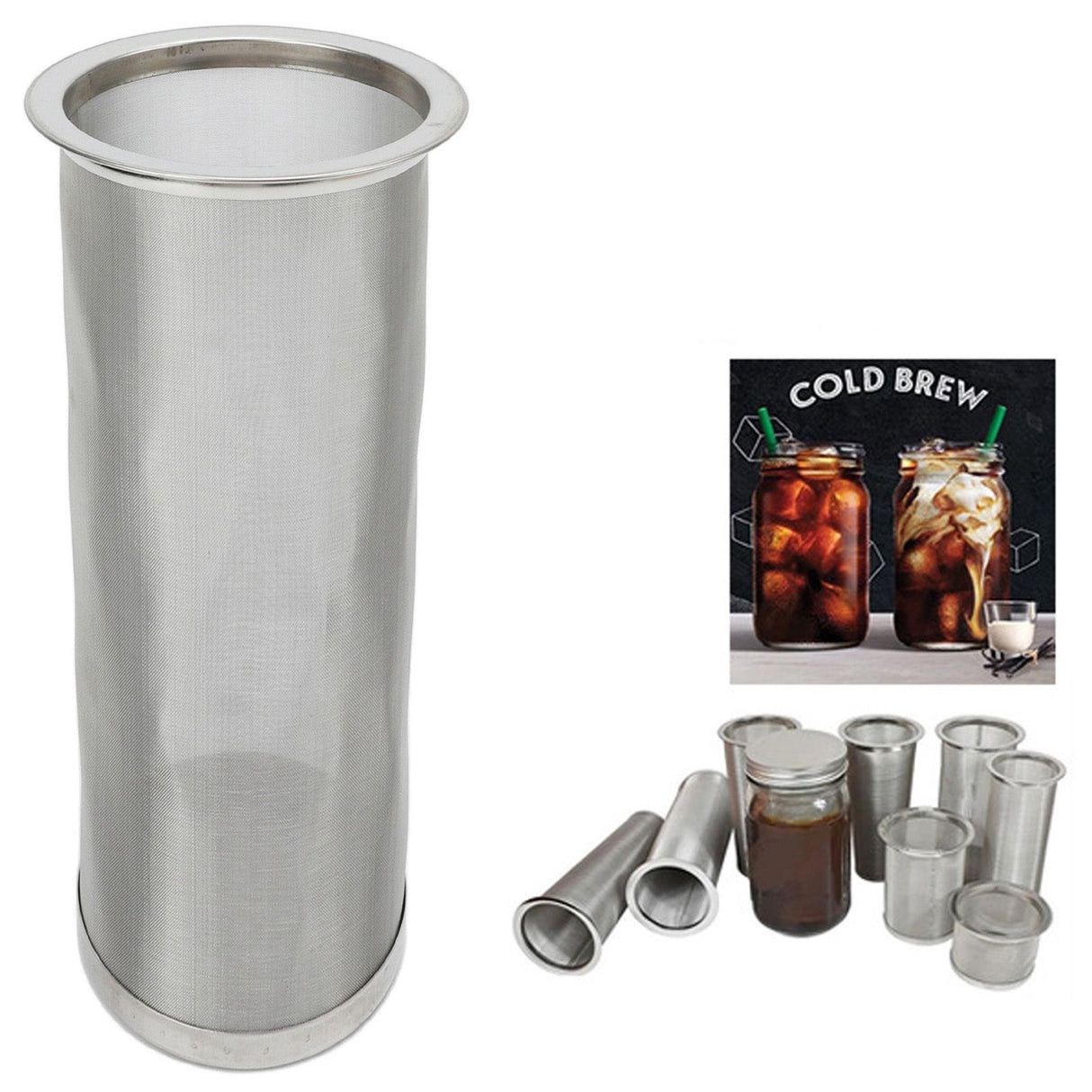 Cold Brew Coffee Filter Stainless Steel Reusable Wide Mouth Mesh Cylindrical Filter with White Gasket for Tea 8x21cm/3.15x8.27in