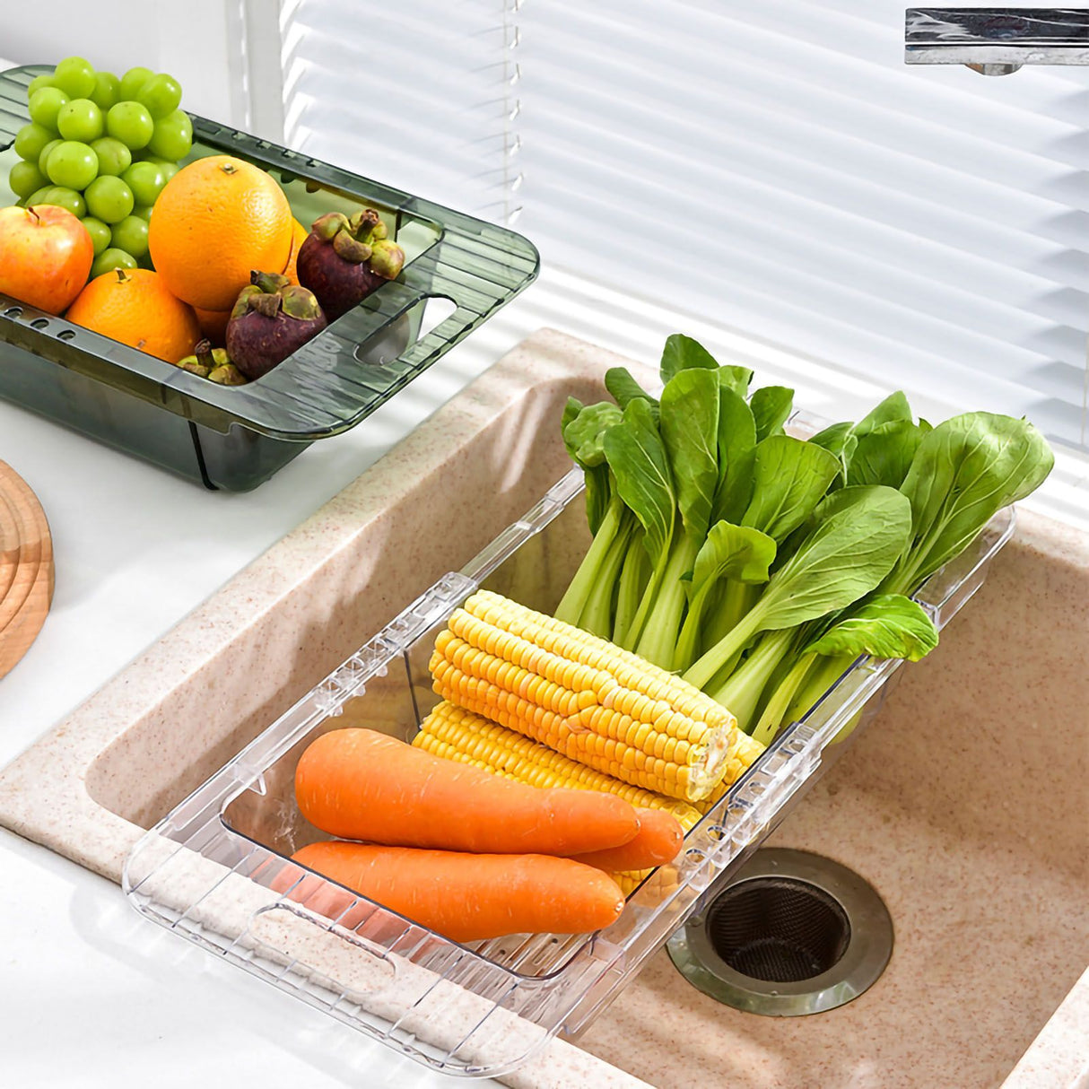 Over The Sink Strainer Retractable Design Transparent Fast Draining Durable PET Sink Colander Transparent Strainer with Retractable Design