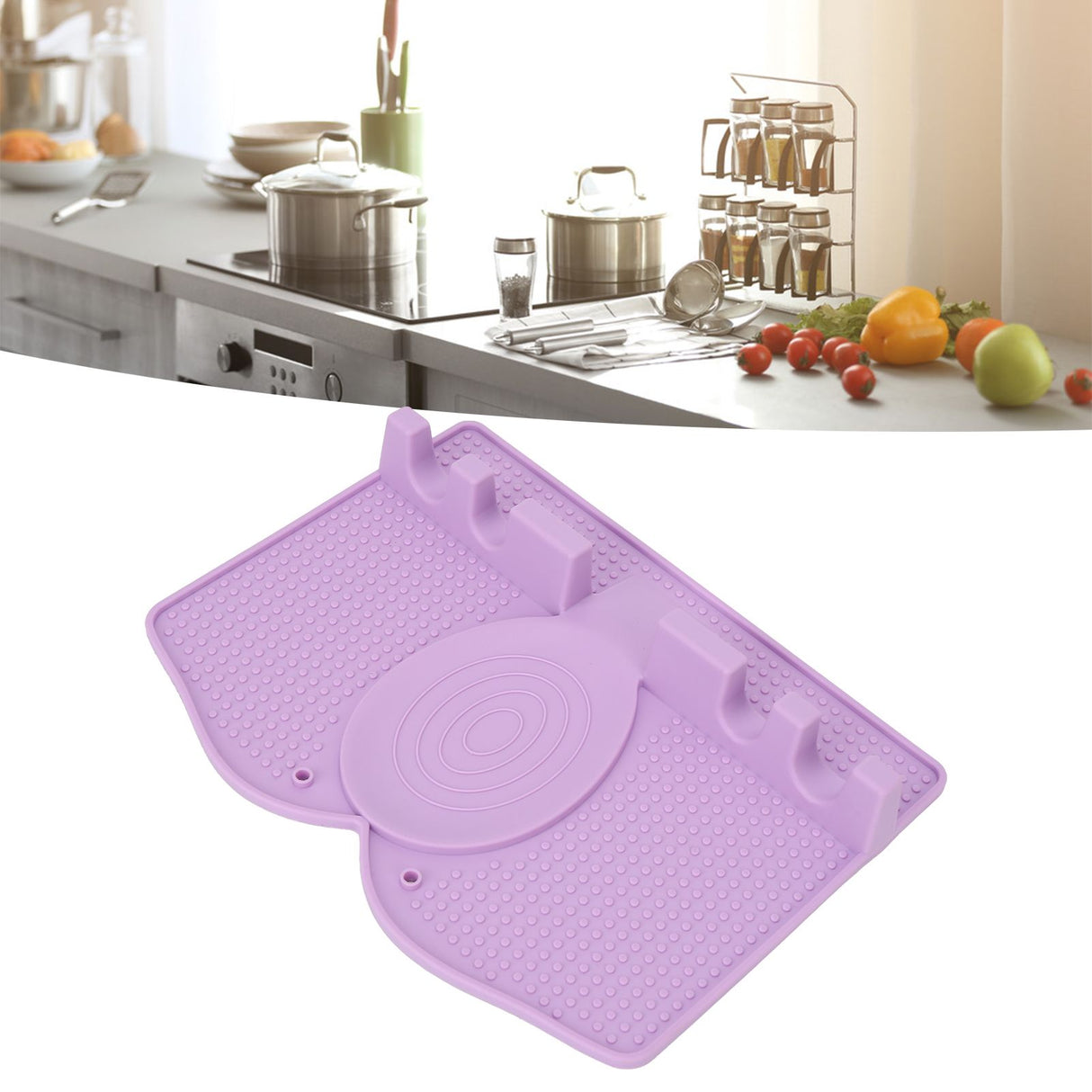 Silicone Utensil Rest Heat Resistant Non Slip Silicone Utensil Holder with Drip Pad for Kitchen Utensil Spoons Tongs Light Purple