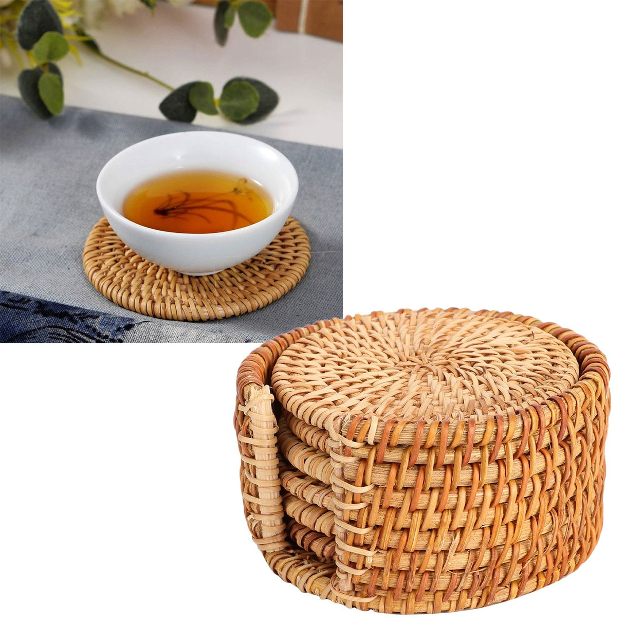 6 PCS Rattan Coasters Hand Made Teacup Coasters Set Insulated Rattan Cup Placemat Teacup Accessories 10cm / 3.9in