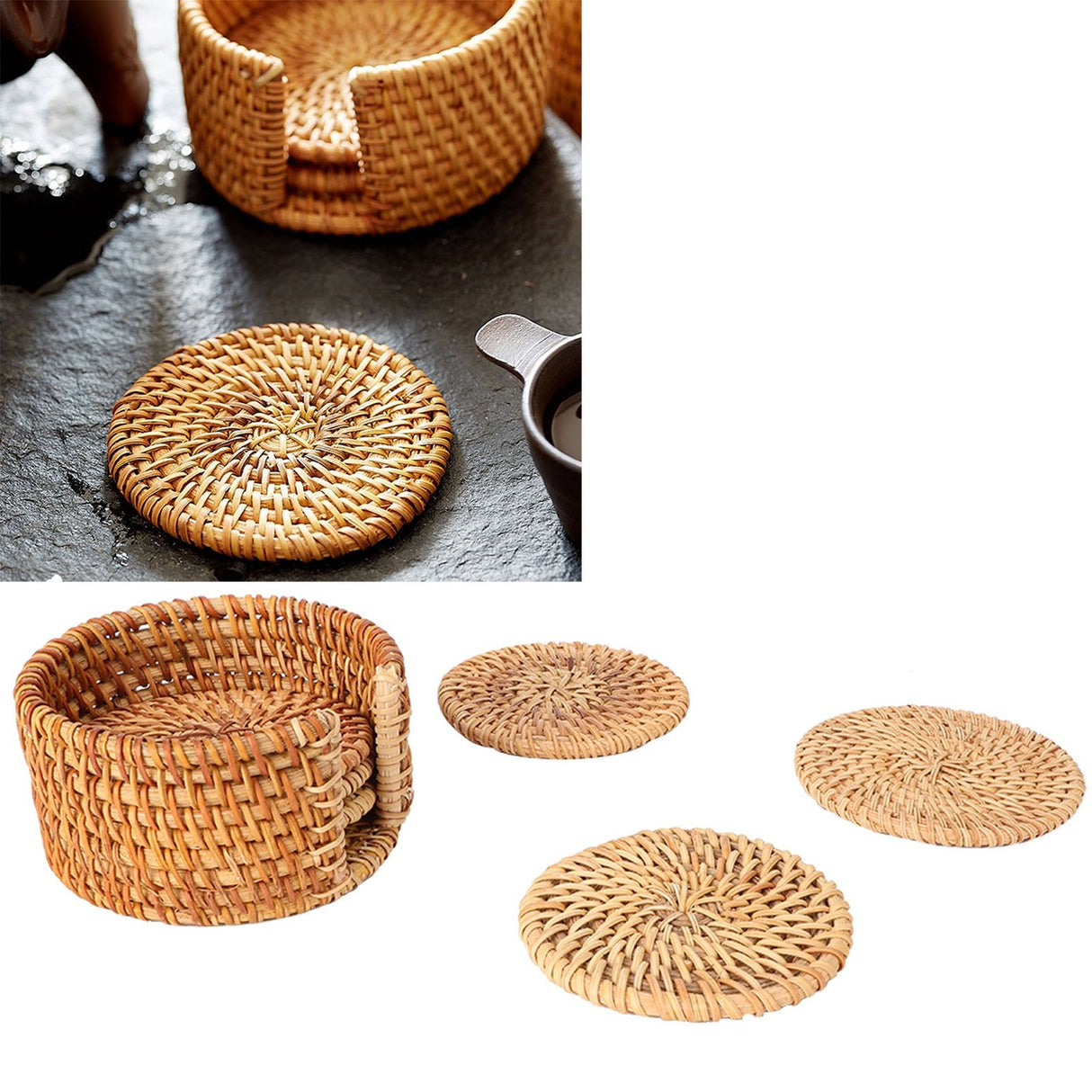 6 PCS Rattan Coasters Hand Made Teacup Coasters Set Insulated Rattan Cup Placemat Teacup Accessories 10cm / 3.9in