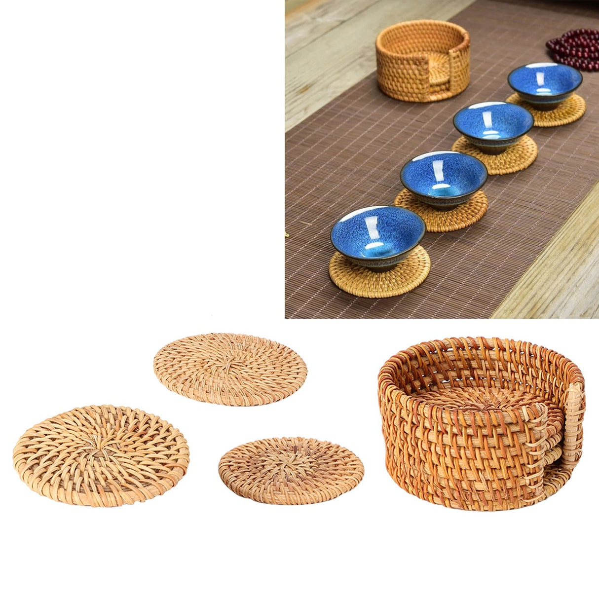 6 PCS Rattan Coasters Hand Made Teacup Coasters Set Insulated Rattan Cup Placemat Teacup Accessories 10cm / 3.9in