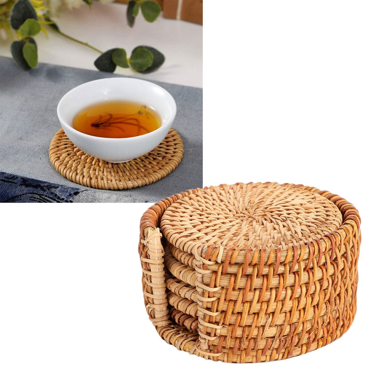 6 PCS Rattan Coasters Hand Made Teacup Coasters Set Insulated Rattan Cup Placemat Teacup Accessories 13cm / 5.1in