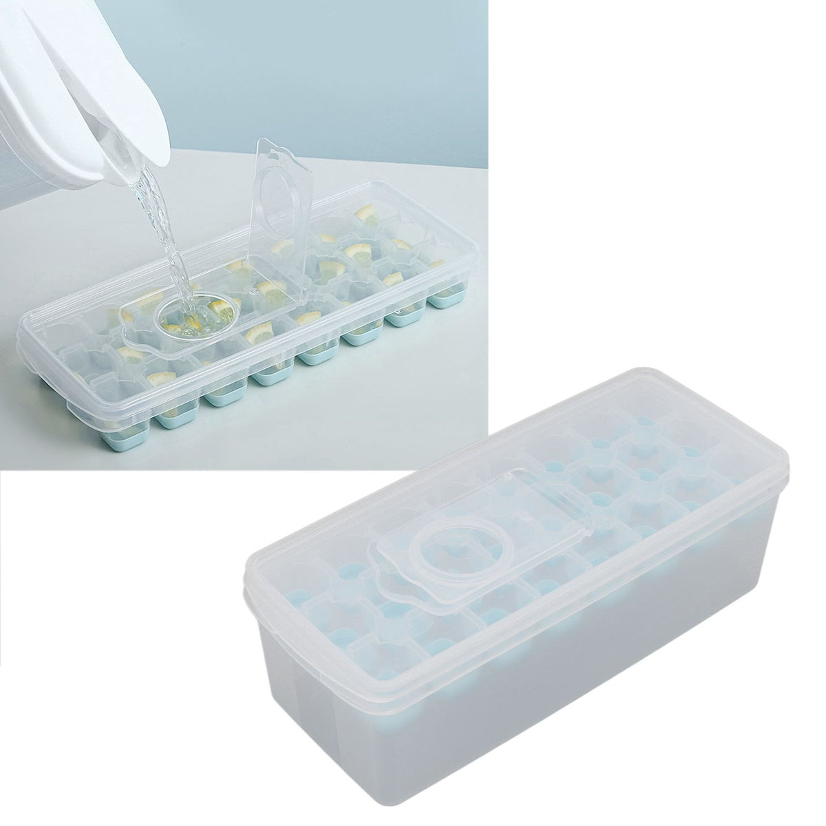 Ice Cube Tray Safe Healthy Easy Release Stackable 24 Cubes Multipurpose Ice Maker Mold with Lid for Popsicles Puddings Blue
