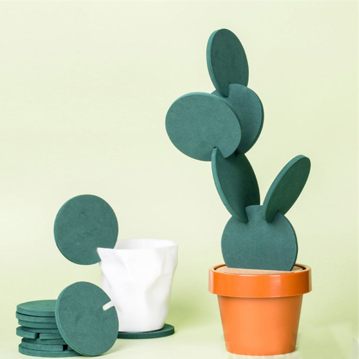 7 Pcs Cactus Coaster Set Cute Funny Green Cactus Coaster Non Slip Heat Insulation Tea Coaster with Flowerpot Holder