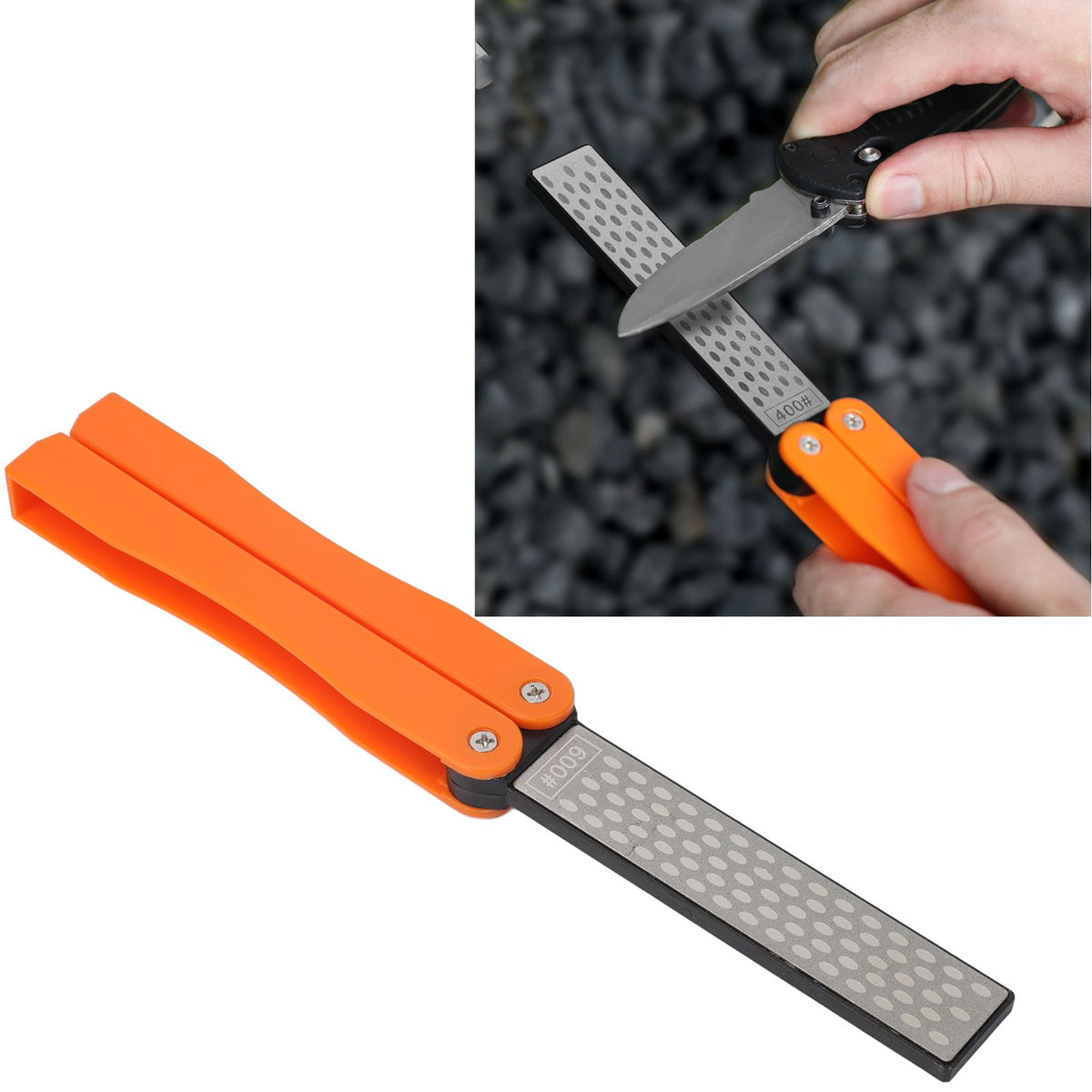 Double Sided Sharpener Portable Emery Fan Shaped Folded Pocket Sharpener for Outdoor Garden Orange