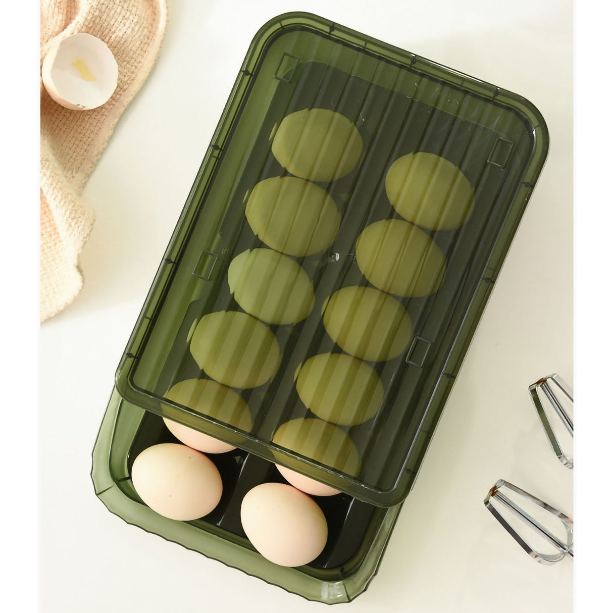 Egg Storage Box Plastic Automatic Rolling Transparent Thickened Grooved Egg Storage Container for Refrigerator Kitchen Green