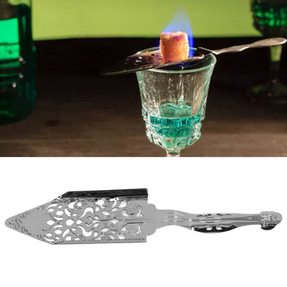Absinthe Filter Spoon Stainless Steel Hollow Wormwood Cocktail Spoon Sugar Cube Filte Spoon for Bartending Silver