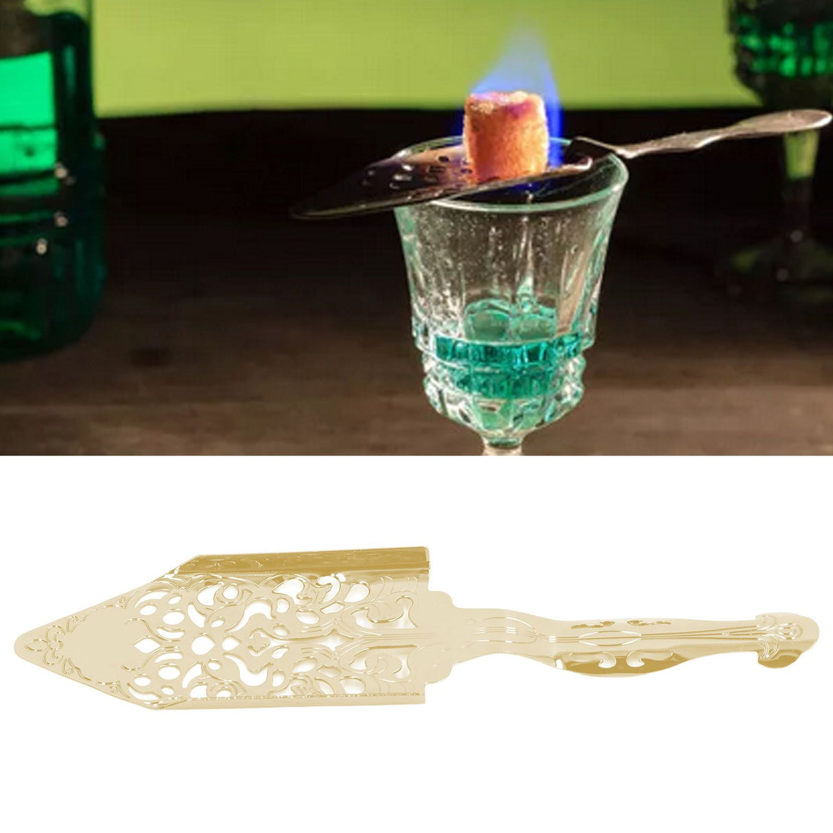 Absinthe Filter Spoon Stainless Steel Hollow Wormwood Cocktail Spoon Sugar Cube Filte Spoon for Bartending Gold