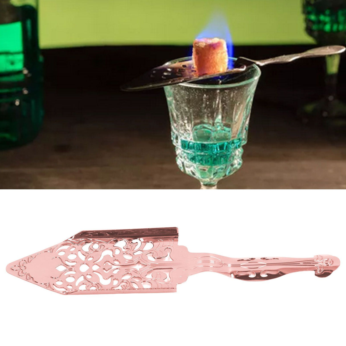Absinthe Filter Spoon Stainless Steel Hollow Wormwood Cocktail Spoon Sugar Cube Filte Spoon for Bartending Rose Gold