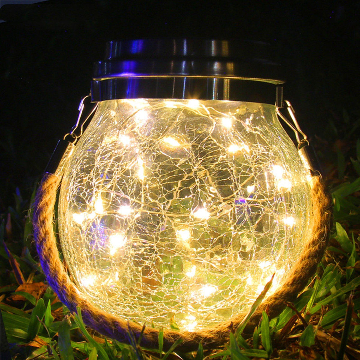 Cracked Glass Solar Lantern 30 LEDs Waterproof Outdoor Solar Hanging Jar Light for Patio Courtyard Festival Warm White