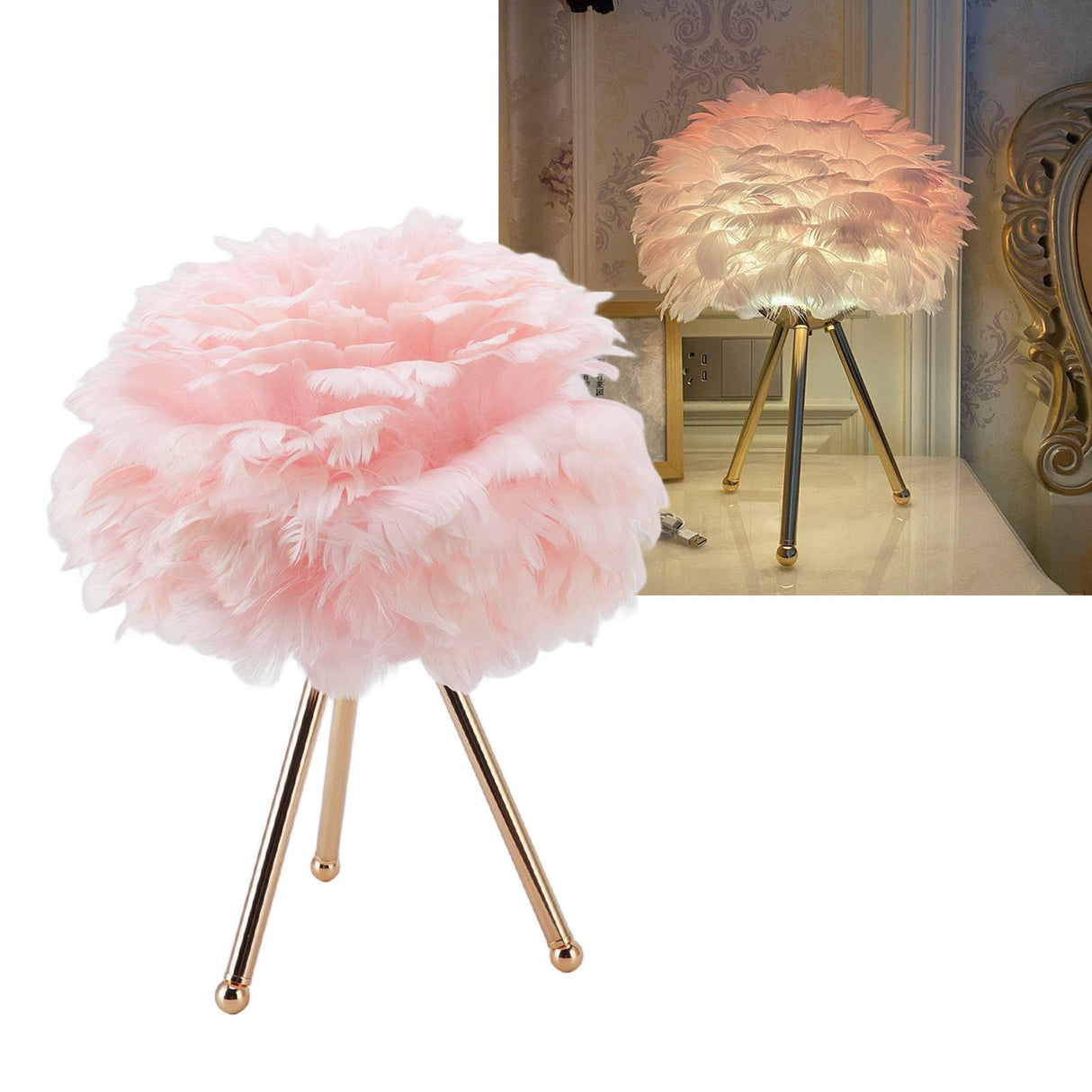 Feather Table Lamp Adjustable Color Brightness Rechargeable Touch Control Decoration Night Light Pink