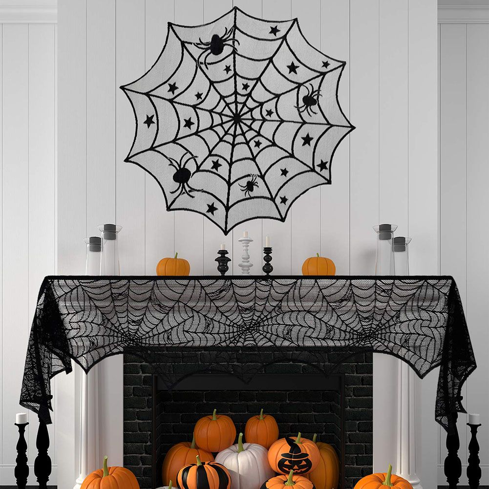 4PCS Halloween Tablecloth Bat Spider Webst Lace Cloth and Lamps Cover Halloween Decoration