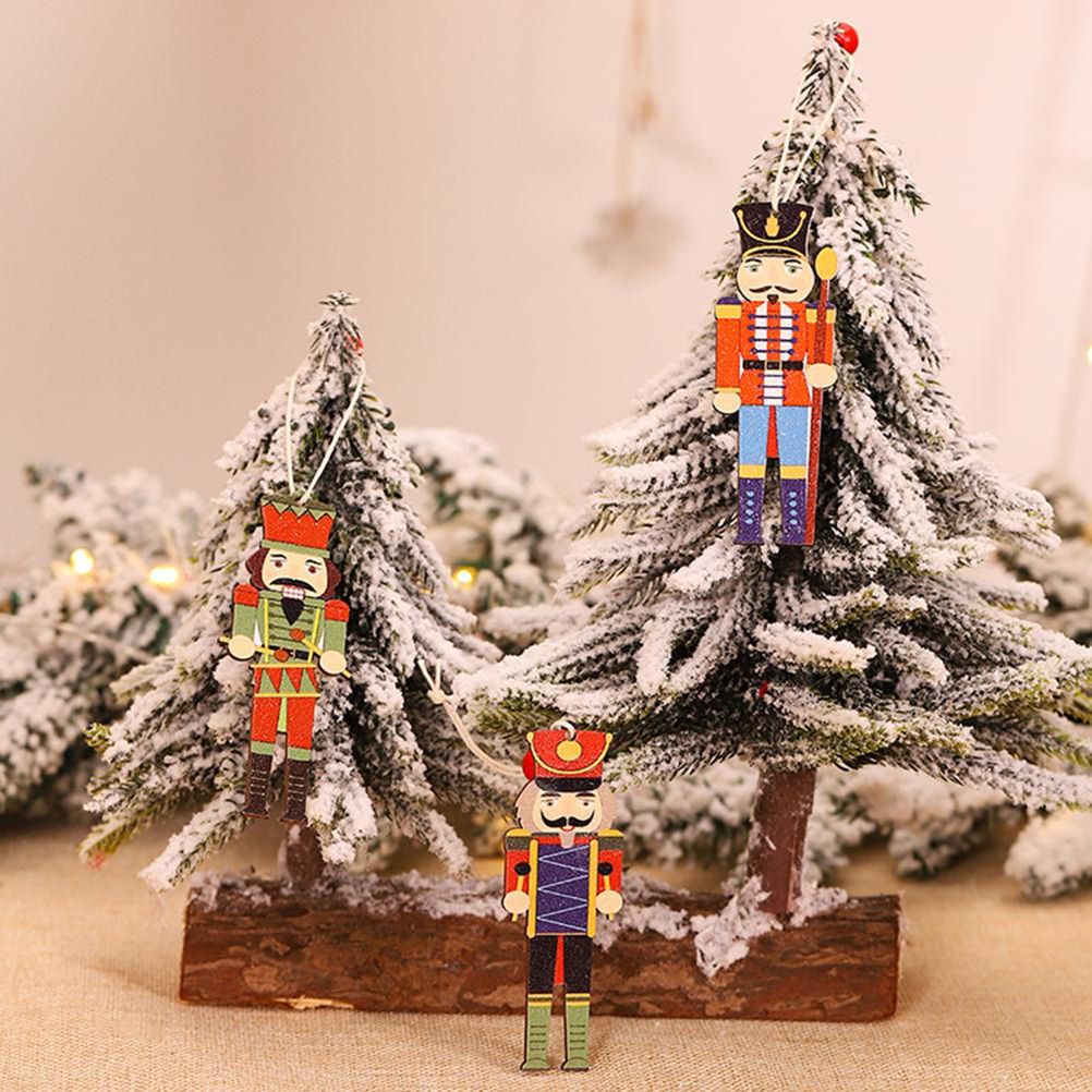 9Pcs Christmas Walnut Soldier Wooden Pendant Colorful Printed Wooden Pendant Christmas Tree Holiday Party Decorations