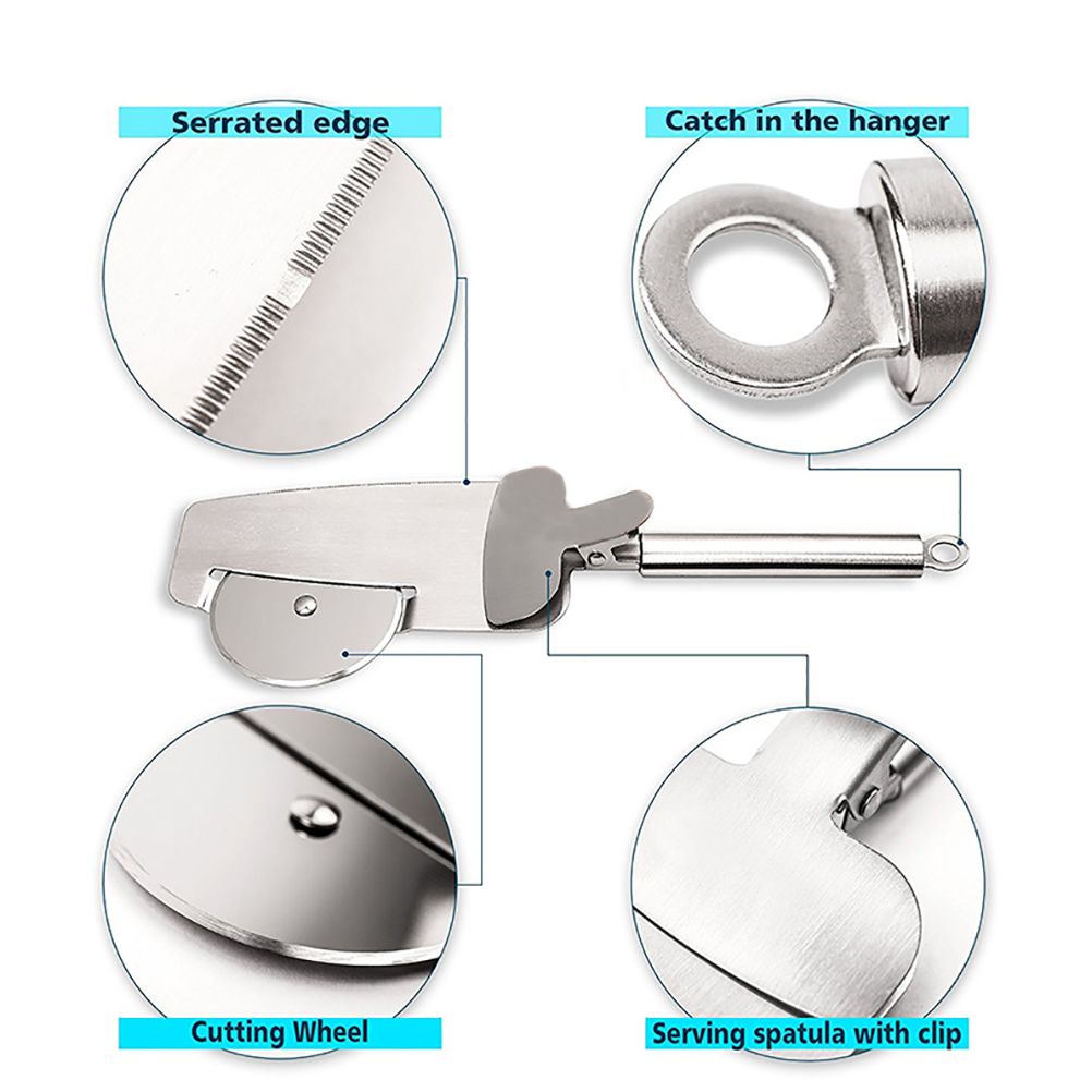 3 in 1 Pizza Cutter Wheel Serrated Edge Serving Spatula with Clip Stainless Steel Pizza Cutter Pizza Grater