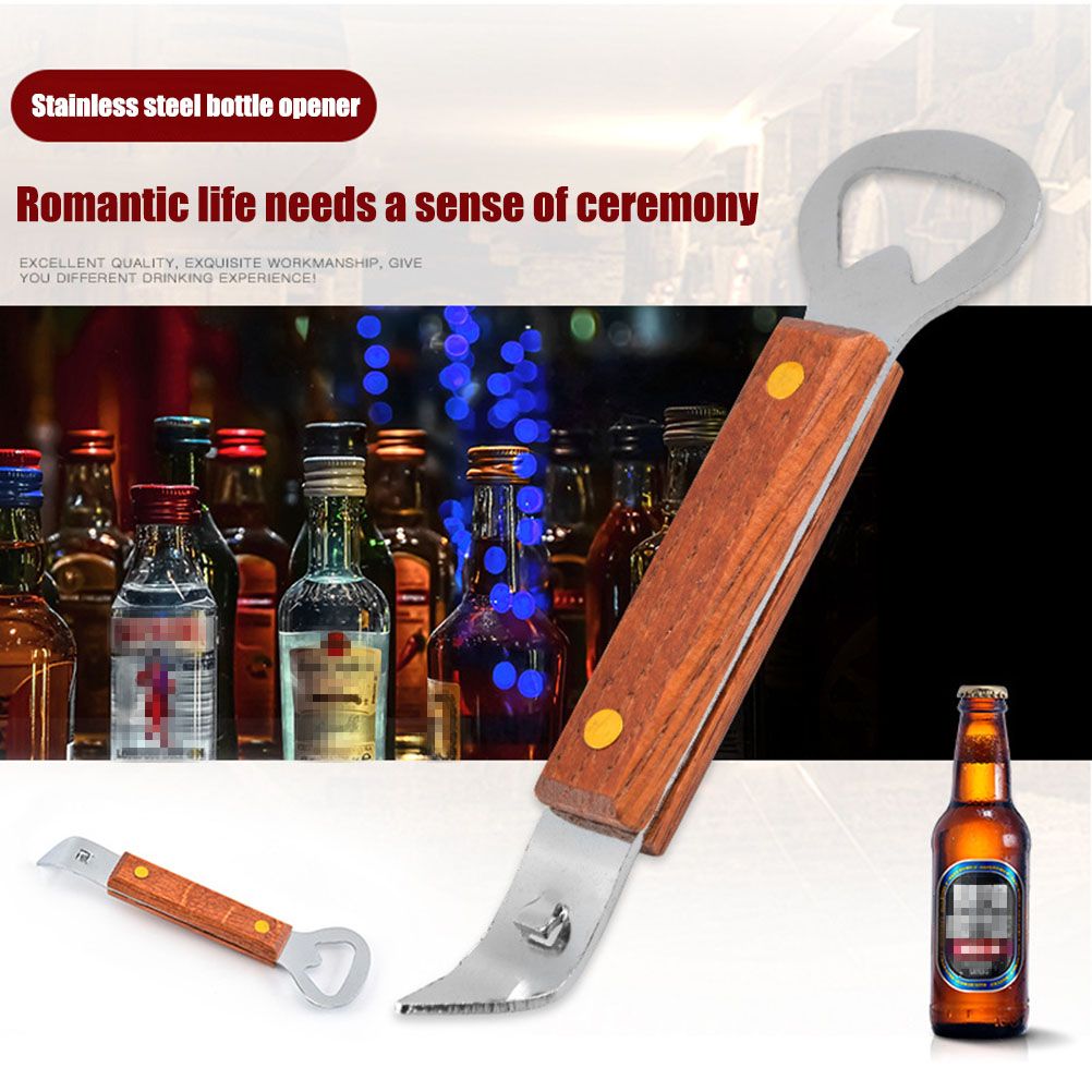 2 PCS Stainless Steel Can Opener Punch Bottle Beer Opener with Wood Handle