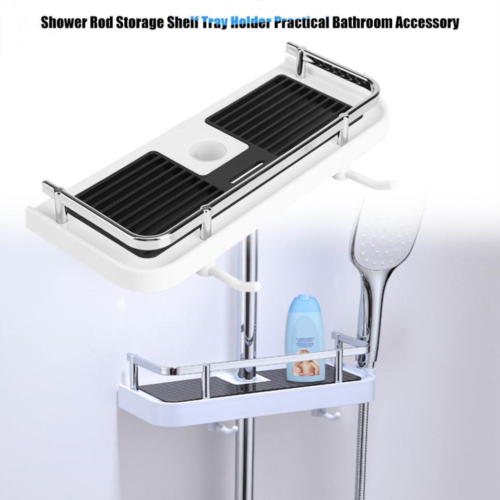 Adjustable Bathroom Shelf Rack Storage Holder Shower Rod Mounted Shampoo Gel Draining Organizer