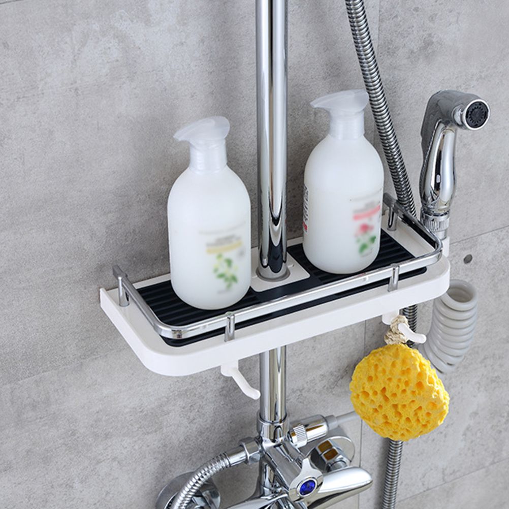 Adjustable Bathroom Shelf Rack Storage Holder Shower Rod Mounted Shampoo Gel Draining Organizer
