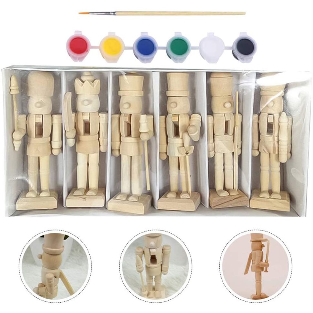 6pcs 12cm Christmas Nutcracker Ornament Set Wooden Nutcracker Character Soldier Toy Wooden Doll Figurine Painting Toy
