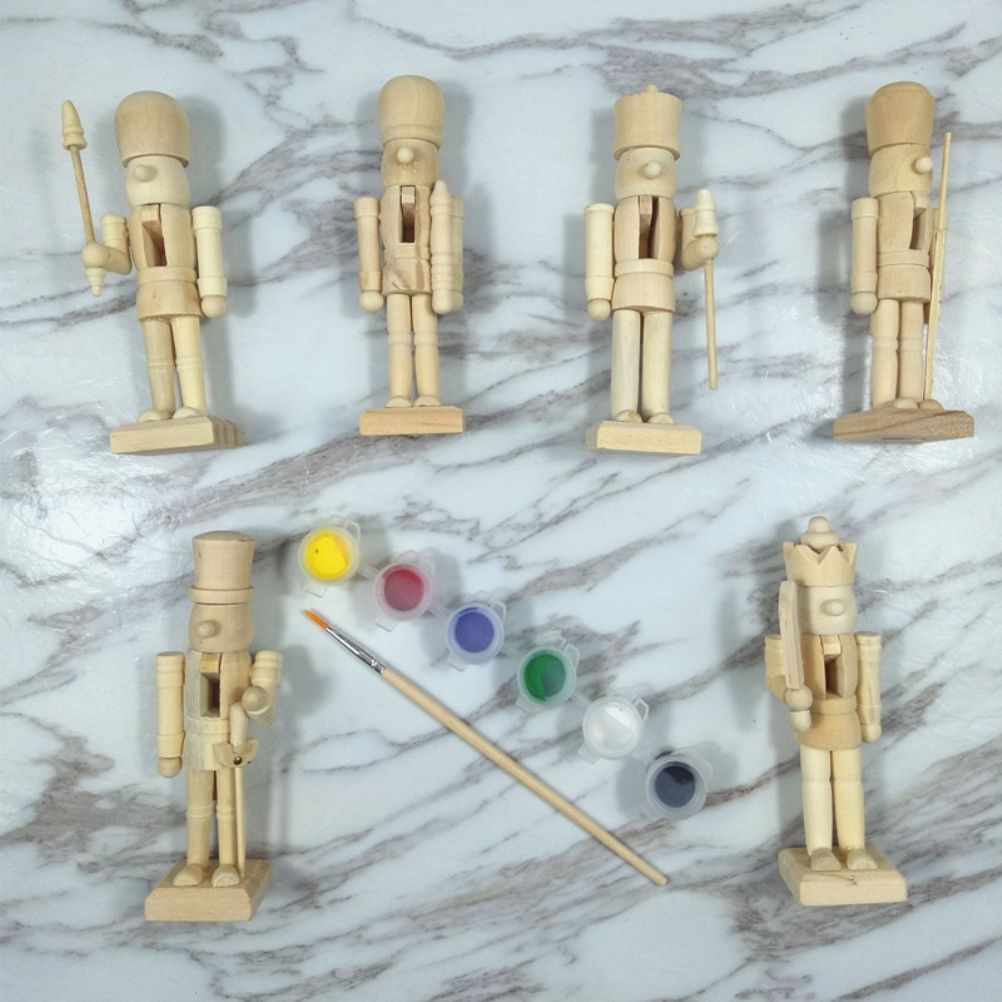 6pcs 12cm Christmas Nutcracker Ornament Set Wooden Nutcracker Character Soldier Toy Wooden Doll Figurine Painting Toy