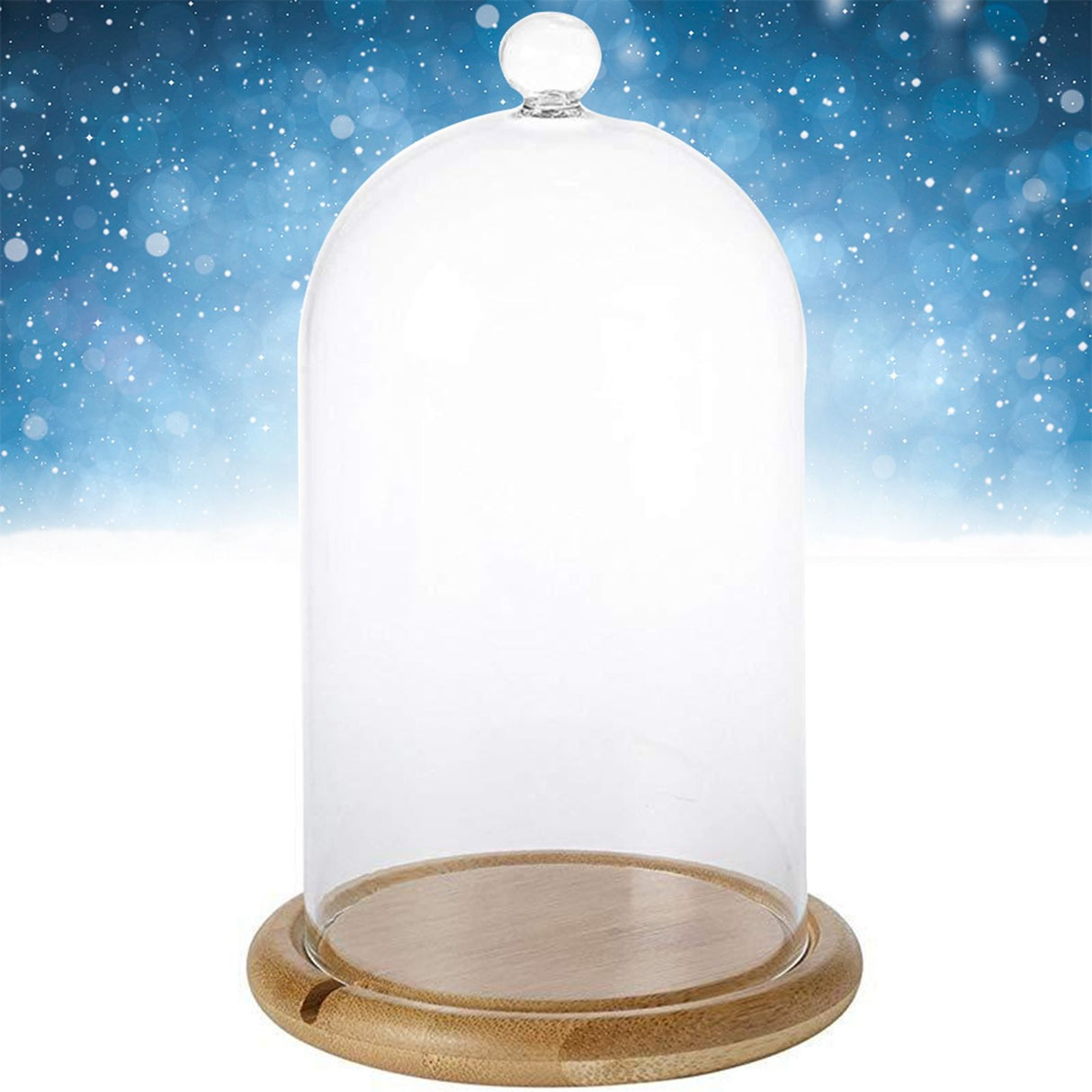 Clear Glass Jar Dome Cover Decorative Clear Glass Dome Cloche Bell Cover Fresh Flower Glass Cover for Wedding Party Valentine and Bamboo Wood Flat Bottom