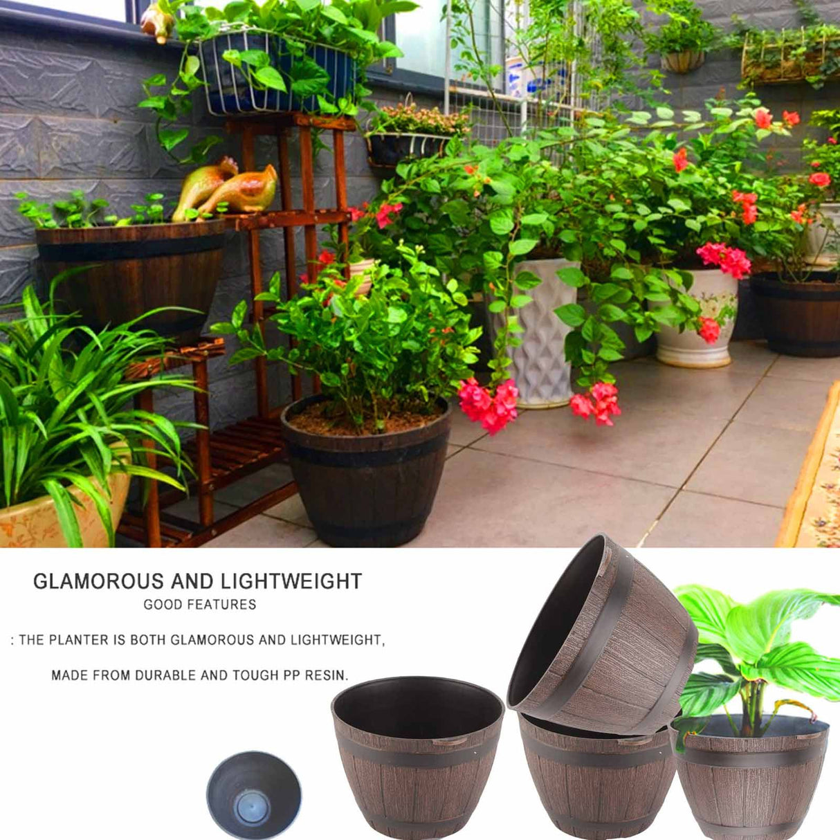 Imitation Wooden Barrel PP Resin Flower Pot Imitated Wood Planting Barrel