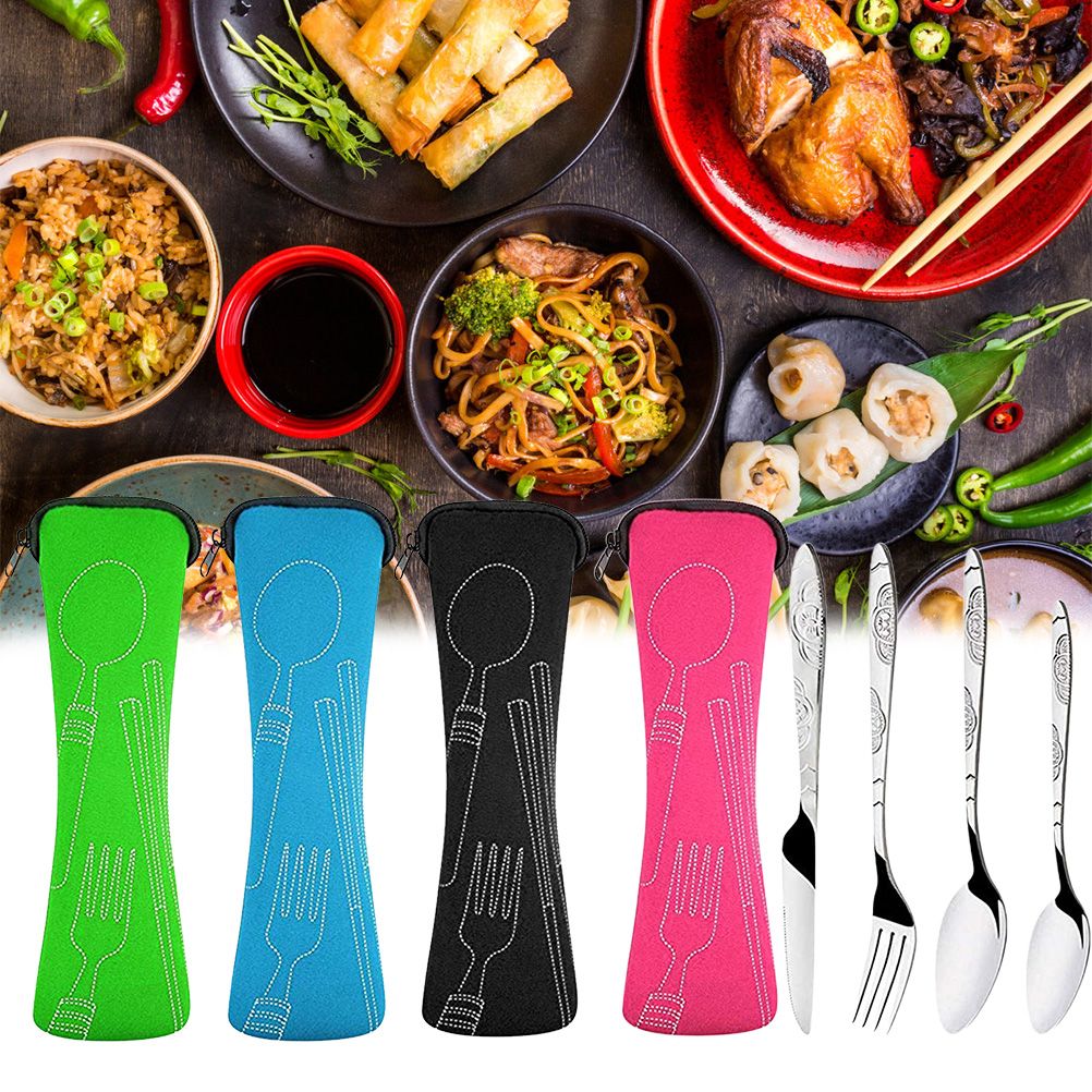 4PCS Cutlery Set Stainless Steel Cutlery for Cutter Fork Spoon Surface Carved Portable Lightweight Durable Tableware Set