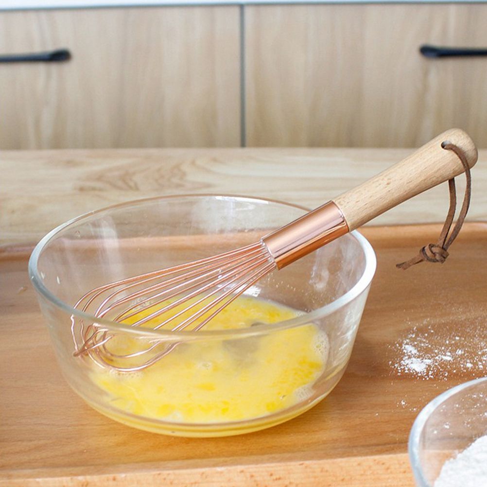 Wooden Handle Stainless Steel Whisk Egg Beater Rose Gold Mixing Cooking Tools Firm Durable Cream Frother Baking Utensils