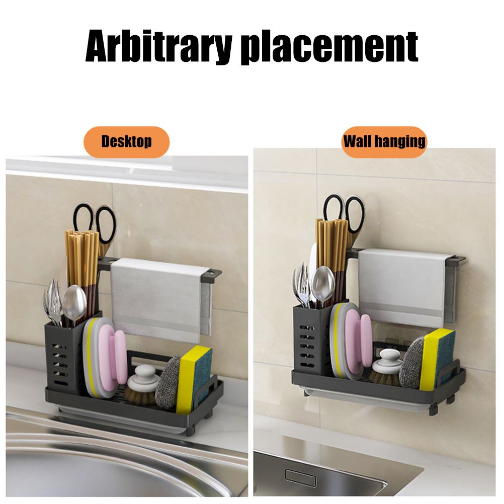 Kitchen Sink Caddy Organizer 304 Stainless Steel Sponge Soap Brushes Dispenser Holder with Rag Rack Suction Cups Dishcloth Holder with Drain Pan