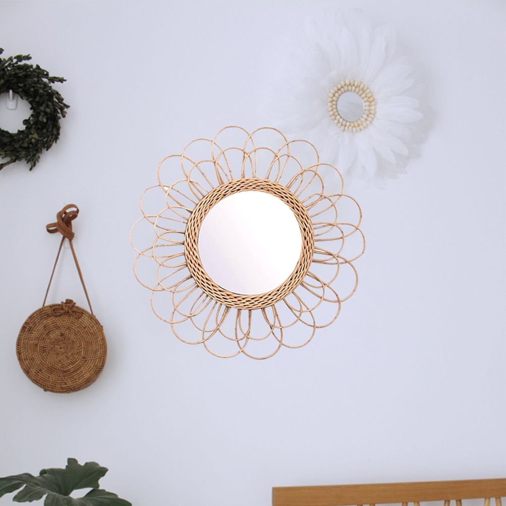 40cm Hanging Mirror Rattan Sunflower Circular Wall Mirror Decor Boho Wicker Dressing Makeup Mirrors