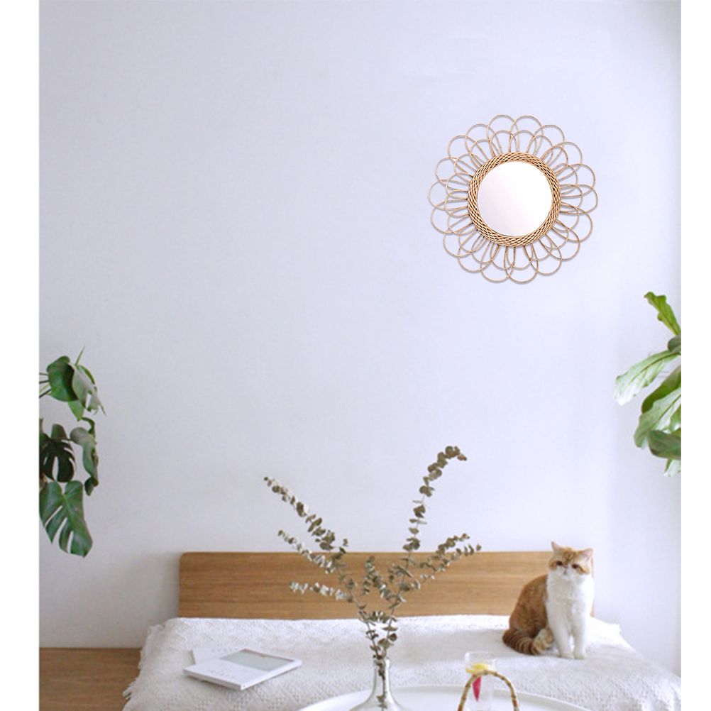 40cm Hanging Mirror Rattan Sunflower Circular Wall Mirror Decor Boho Wicker Dressing Makeup Mirrors