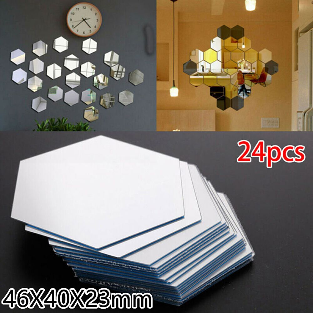 24Pcs Hexagon Mirror Sticker Self Adhesive Mosaic Tiles Bathroom Decorative Mirror Stickers