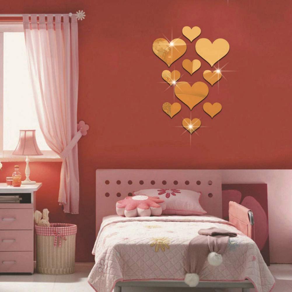 10PCS Heart Shaped Mirror Wall Sticker 3D Mirror Art Decor DIY Wall Decoration