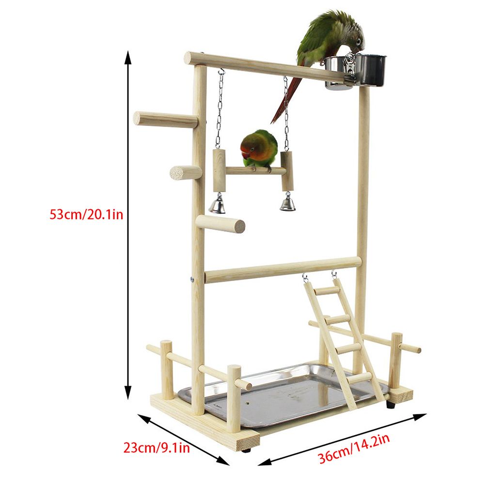 Double Layer Wooden Bird Stand Including Ladder Swing Bell Bird Athletic Toy Stand