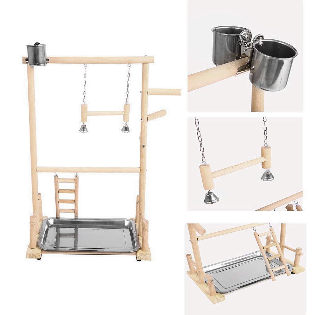 Double Layer Wooden Bird Stand Including Ladder Swing Bell Bird Athletic Toy Stand