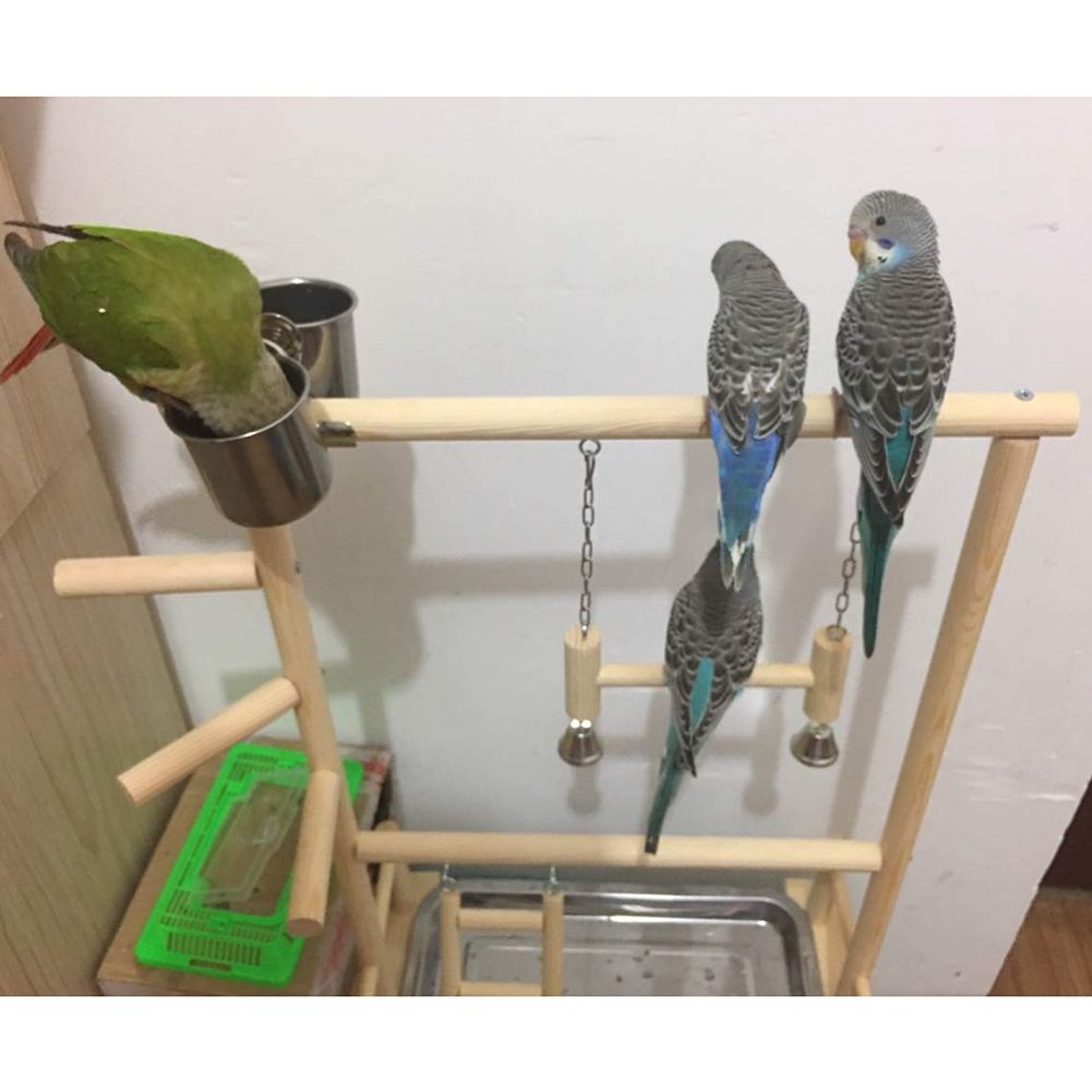 Double Layer Wooden Bird Stand Including Ladder Swing Bell Bird Athletic Toy Stand