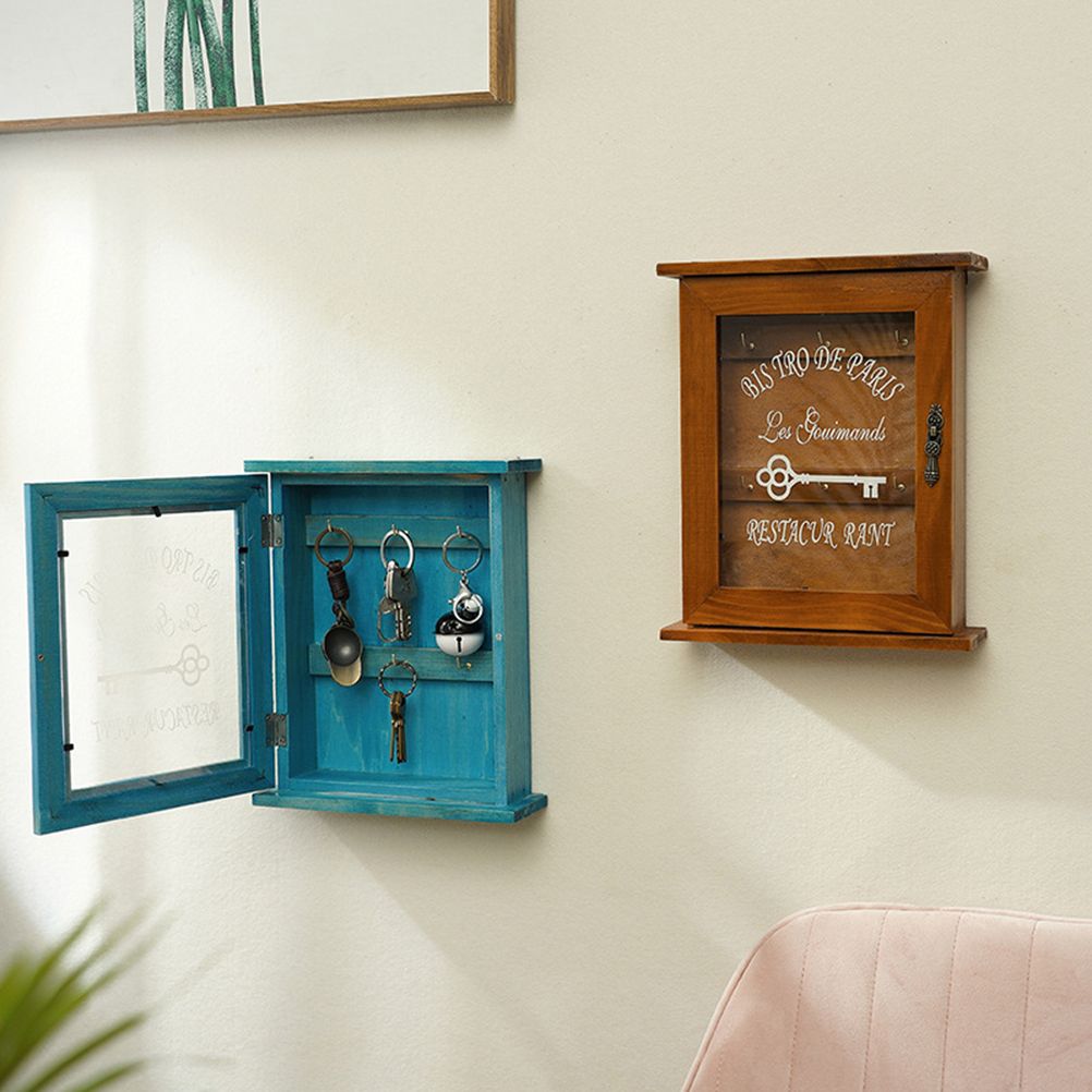Key Organizer Wooden Key Cabinet Wall Box Beautiful Durable Retro Acrylic Door Key Storage Box