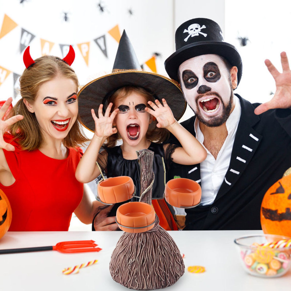 Halloween Resin Pumpkin Bowls On Broom for Serving Snacks Salad Fruit Halloween Party Supplies Decorations