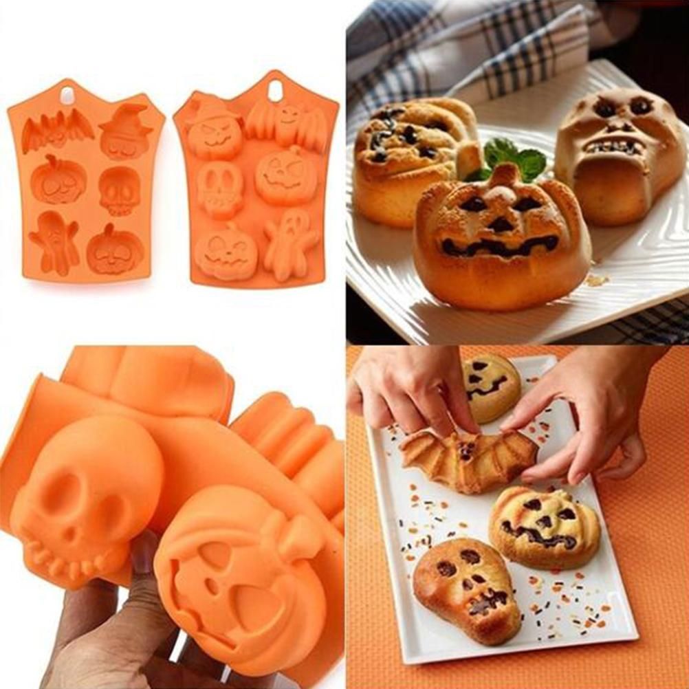 2Pcs Halloween Silicone Baking Molds with Pumpkin Skeleton Head Bat Ghost Shape Cake Mold Cupcake Chocolate Mold Halloween DIY Baking Tools