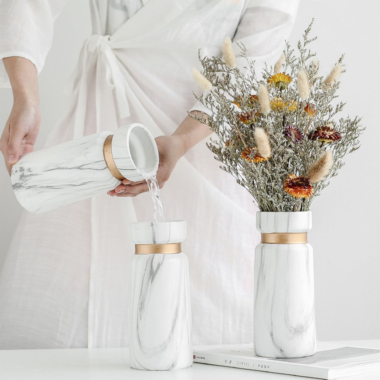 White Ceramics Vase Water Transfer Printed Marble Flower Vase for Bedroom Living Room Cafe Restaurant Office
