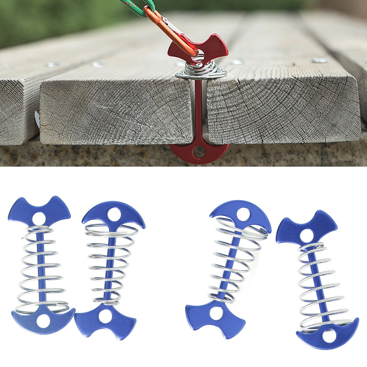 4pcs Fishbone Tent Nails Aluminum Alloy Stainless Steel Extended Plank Floor Canopy Stakes with Spring Blue