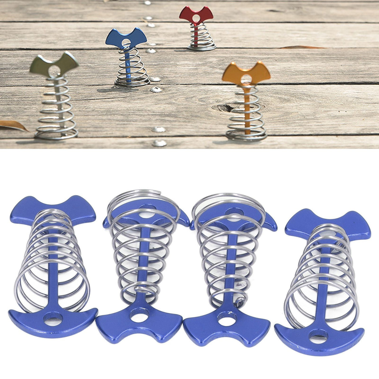 4pcs Fishbone Tent Nails Aluminum Alloy Stainless Steel Extended Plank Floor Canopy Stakes with Spring Blue