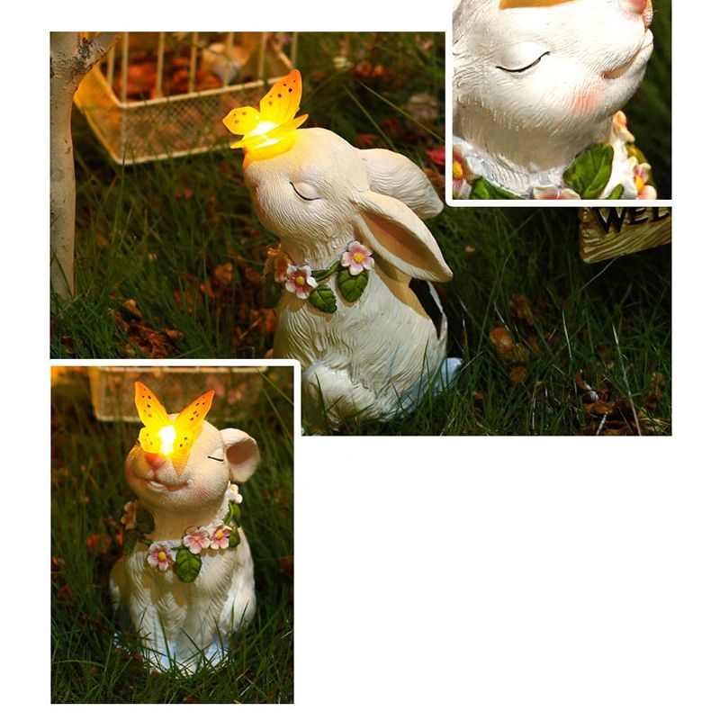 Solar Garden Statues Rabbits with Butterflies Solar Charging Hand Painted Synthetic Resin Solar Statues Lights White
