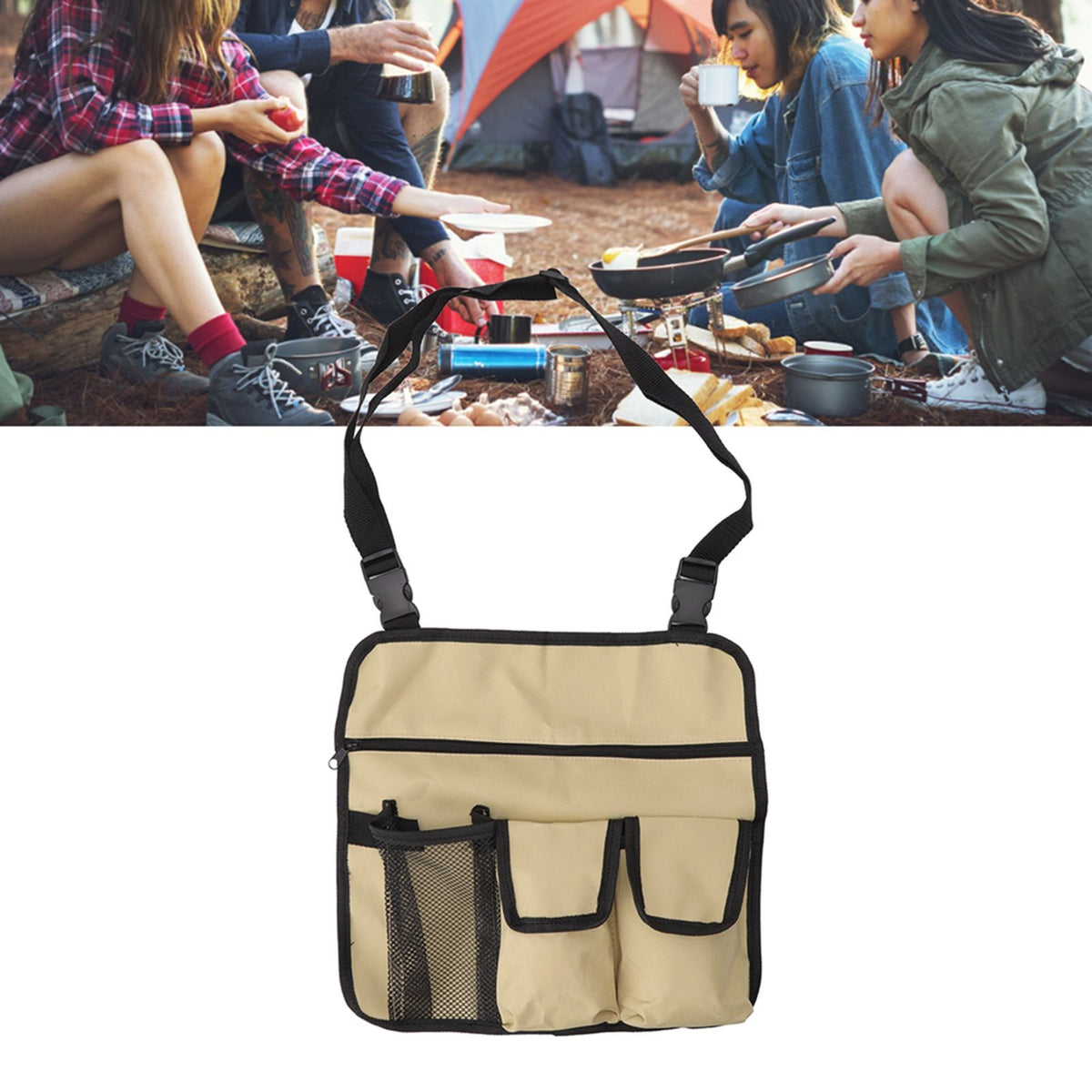 Camping Chair Hanging Bag Waterproof Oxford Cloth Adjustable Portable Beach Chairs Side Storage Bags for Outdoor Khaki