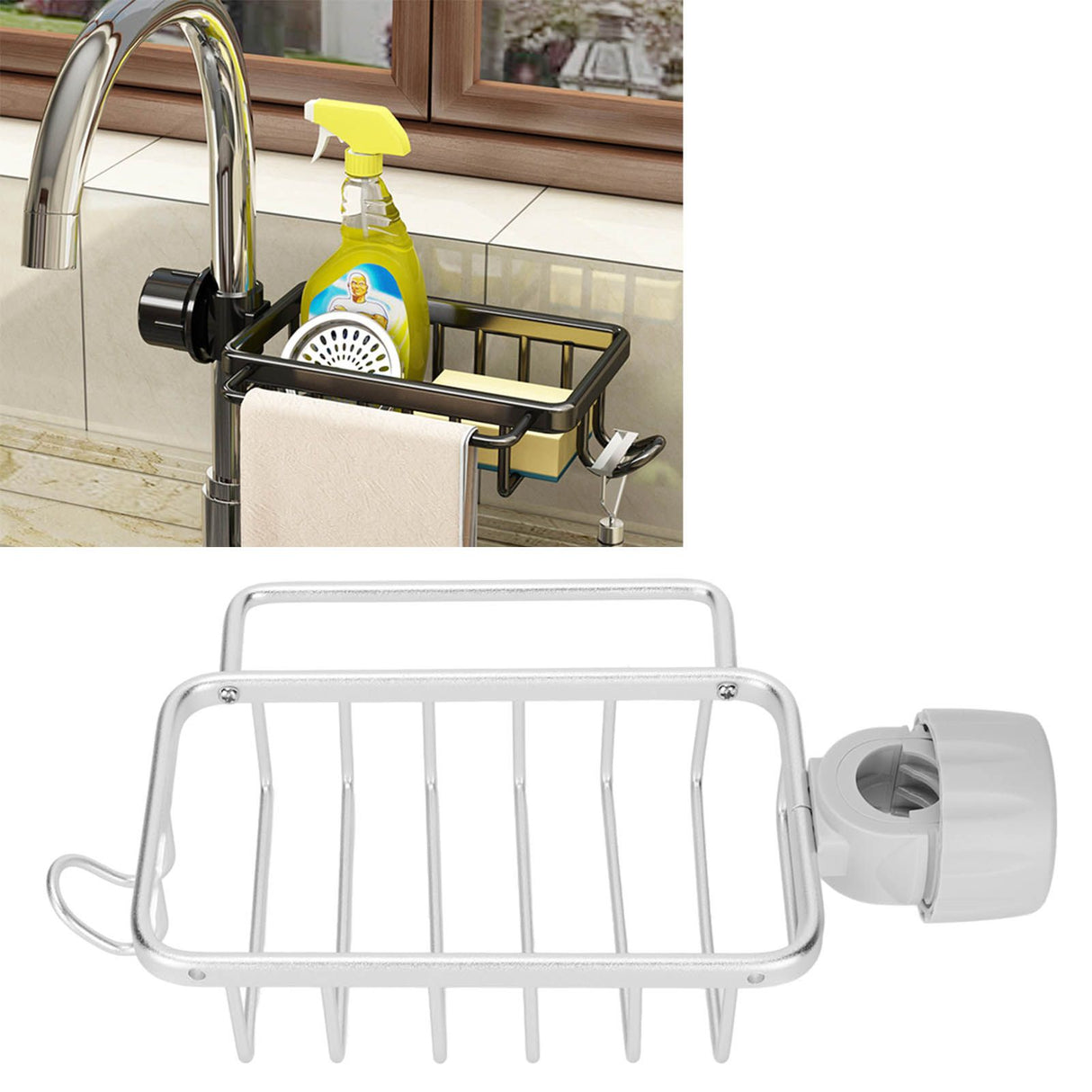 Kitchen Faucet Storage Rack Faucet Sponge Holder Hanging Drain Rack with Towel Shelf for Kitchen Sink Silver