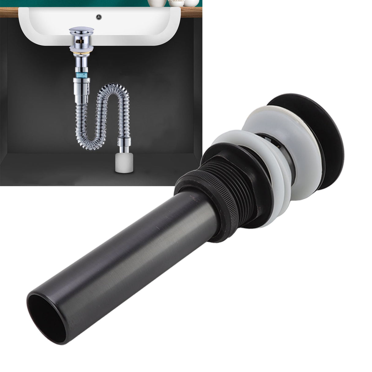 Bathroom Basin Sink Popping Up Drainer Lavatory Odor Resistant Sink Waste Drainer Black with Basket With Overflow Hole