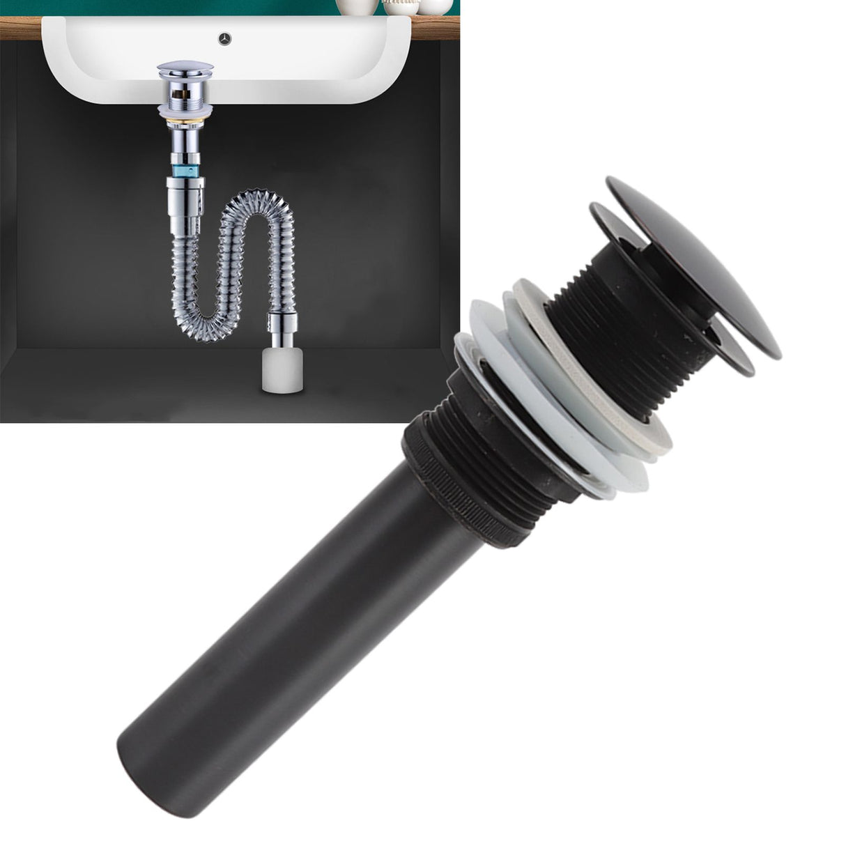 Bathroom Basin Sink Popping Up Drainer Lavatory Odor Resistant Sink Waste Drainer Black with Basket Without Overflow Hole