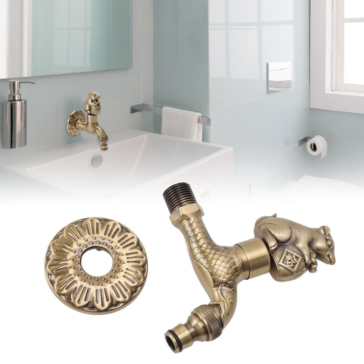 Antique Carved Faucet Bronze Copper Carp Retro Anti Rust Outdoor Garden Tap for Toilet G1/2in Squirrel